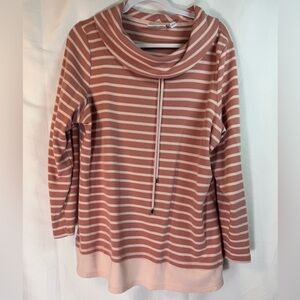 D & Co. Active Cowl Neck Sweater Dusty Rose & Off White Stripe XL